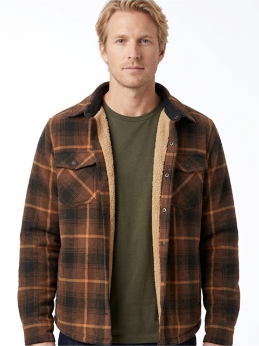 Members Mark mens brown plaid fleece shacket with pockets size medium